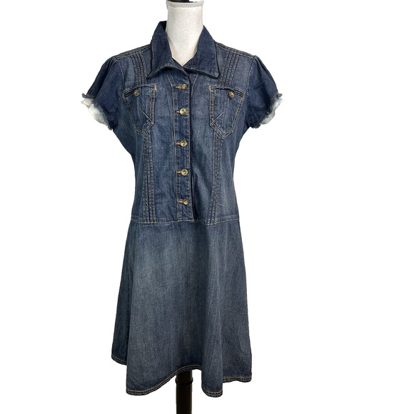 DKNY Jeans Dress size Large Denim Jean Distressed Boho Western Knee Cowgirl - Picture 1 of 13
